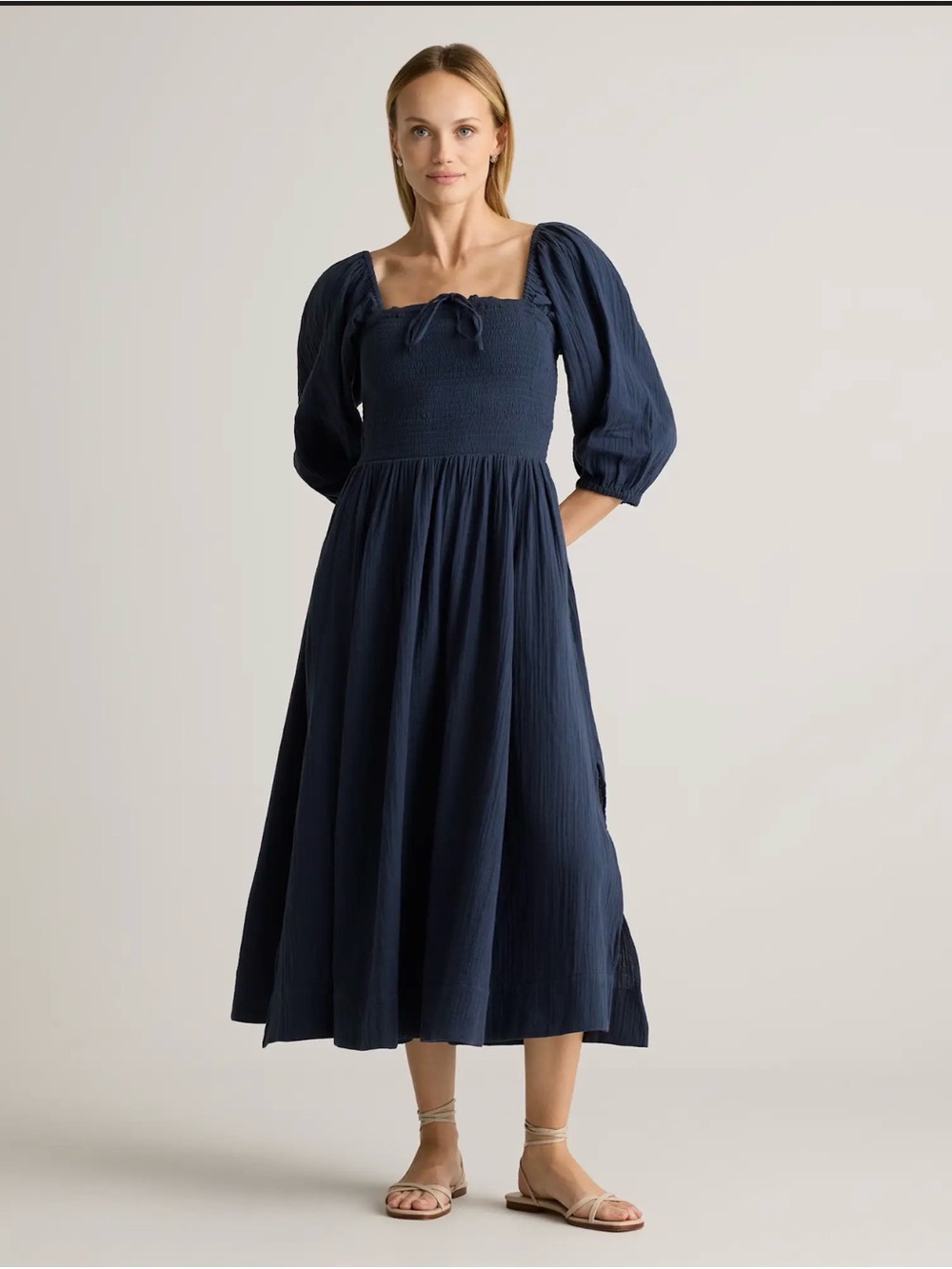 Quince Navy Blue Puff Sleeve Smocked Midi Dress
